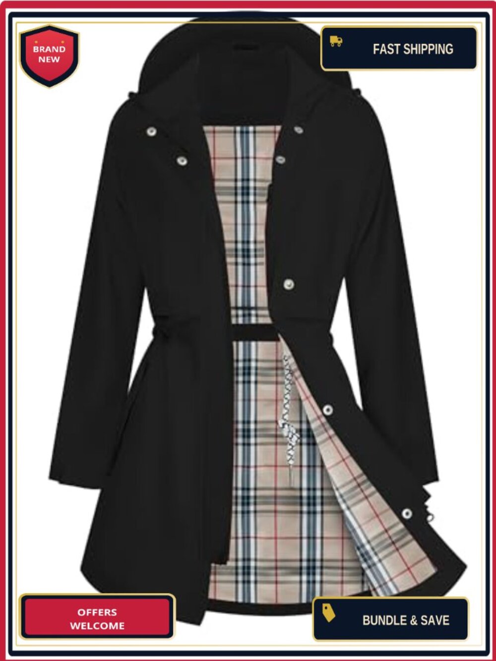 Waterproof Women's Rain Jacket with Hood Breathable Long Trench Coat S-3XL